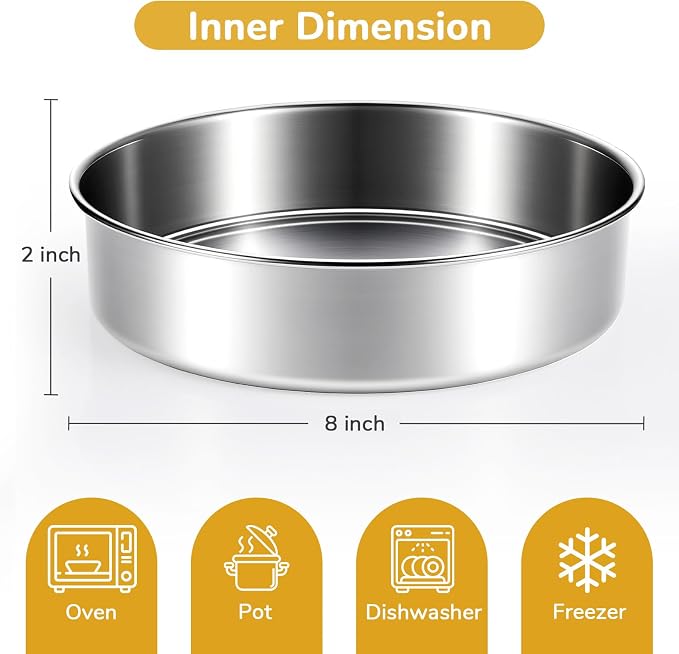 8 inch Cake Pans, Round Baking Layer Cake Pan Set of 2, Stainless Steel Mirror Finish & Dishwasher Safe for Birthday, Party, Wedding - Image 3