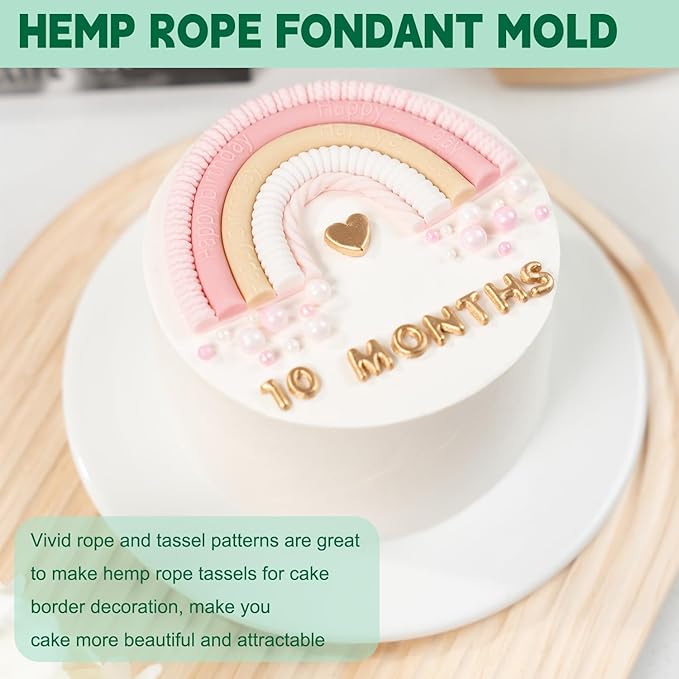 KALAIEN Hemp Rope Fondant Mold, Pearl Knit Rope Silicone Mold Macrame Tassel Cake Decorating for Baking Cookies, Clay Molds, Sugarcraft, Chocolate, Candy, Pastry Molds (Rainbow)