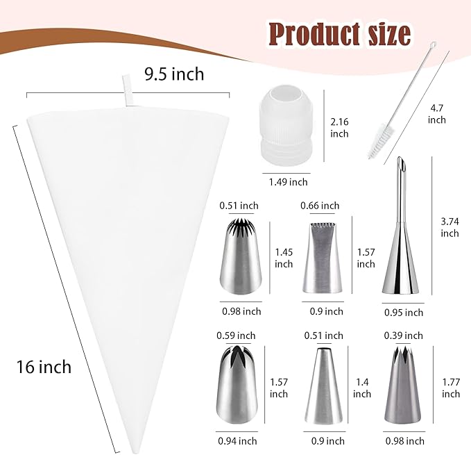 9-Piece Reusable Piping Bags and Tips Set-16inch Cotton Baking Kit with Coupler, Stainless Steel Nozzles & Cleaner for Cakes/Cupcakes/Cookies Decorating