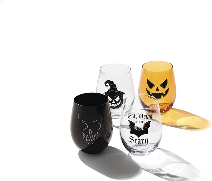 Oneida Vintro Halloween Stemless Wine Glasses, Set of 4 | dishwasher safe | skeleton and bat designs | halloween party glassware | 5 inch, 18oz, halloween kitchen decor - Image 2