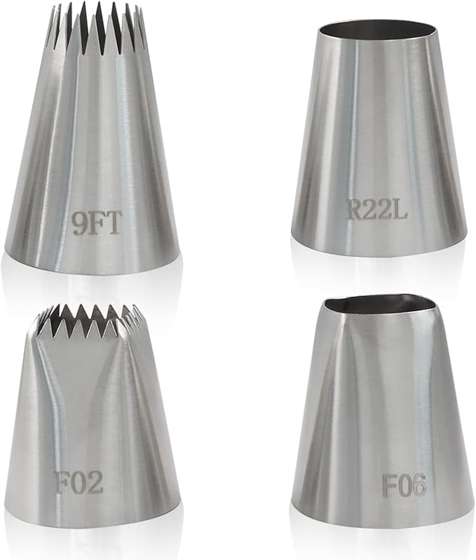 4 Pcs Extra Large Piping Tips (R22L F06 9FT F02), Stainless Steel Round Icing Tips Star Square Wide X-Large Piping Tips for Jumbo Eclair Churro Meringue, with Coupler & Silicone Pastry Bag