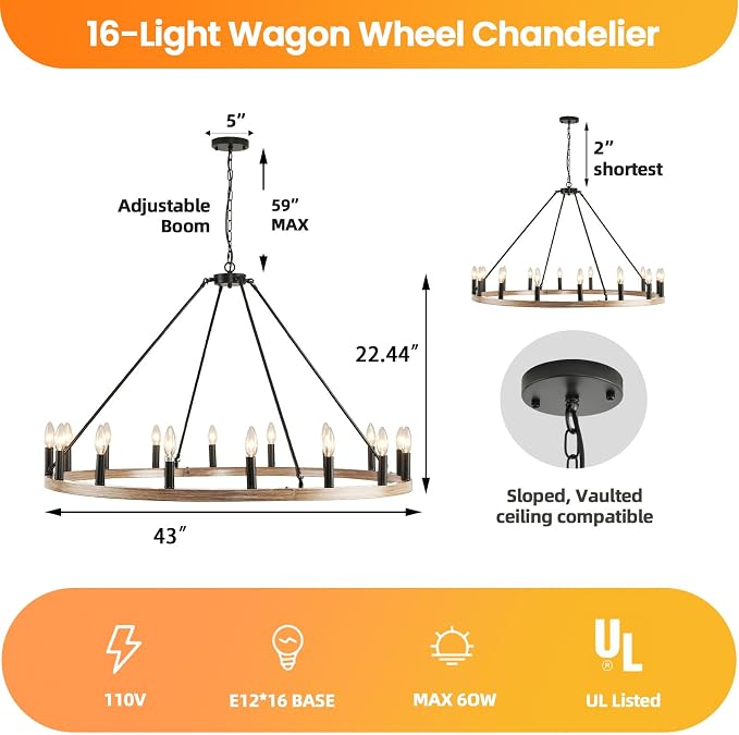 WJShome 16-Light Wagon Wheel Chandelier Farmhouse, 43" Extra Large Chandeliers for High Ceilings, Modern Chandeliers for Dinning Room, Kitchen Island, Entryway, Foyer, Living Room, Black&Khaki - Image 3
