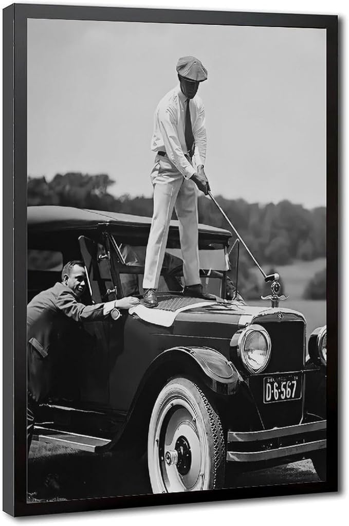 UXCBIA Vintage Golfer Teeing on Car, Black And White, Sports Bar Wall Decor, Funny for Men Poster Canvas Poster Bedroom Decor Sports Landscape Office Room Decor Gift Black Frame 24x36in(60x90cm) by Unknown