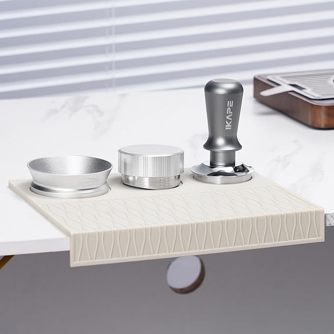 IKAPE 58mm Espresso Tamper Kit 6 IN 1 Silver, Coffee Tamper Set with Tamper, Distributor, Magnetic Funnel, Silicone Mat, Puck Screen, and Cleaning Towel for the Perfect Shot