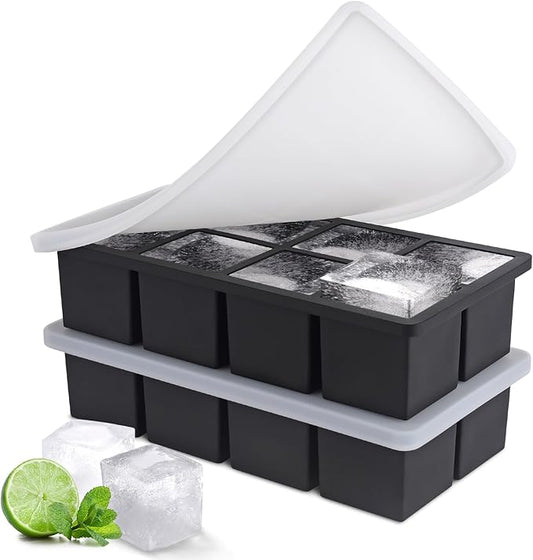 Ice Cube Tray, SLGOL Ice Trays for Freezer with Lid, Easy Release large Ice Cube Molds, Silicone ice cubes mold for Whiskey, Stackable Square Ice Tray for Cocktails Whiskey Juice Coffee【8 square】