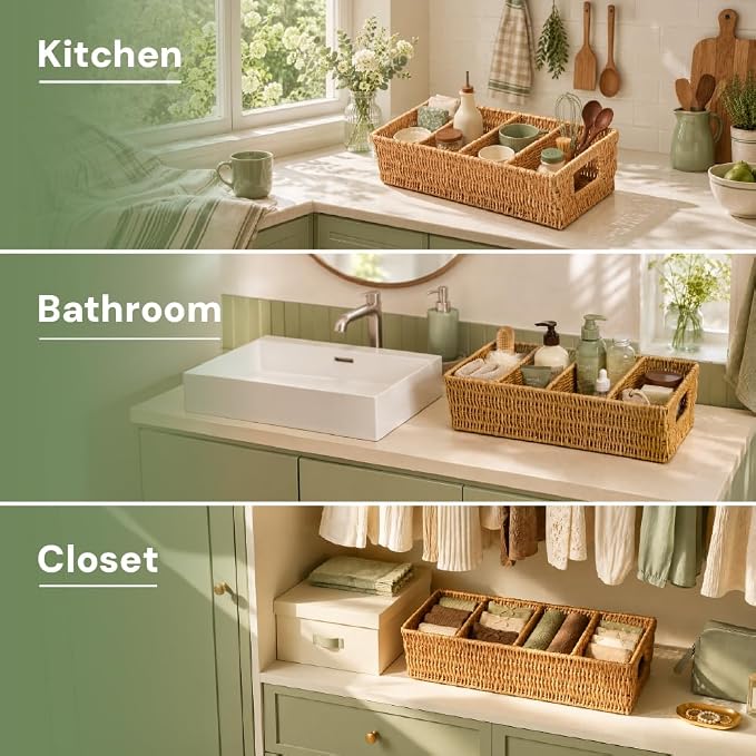 Nature-Inspired Rattan Pantry Organizer Baskets Set of 2 with 3 Removable Dividers – Handwoven Storage Bins for Kitchen or Bathroom Organization, Ideal for Snacks, Coffee & Tea (13” x 7.3” x 3.7”) - Image 9