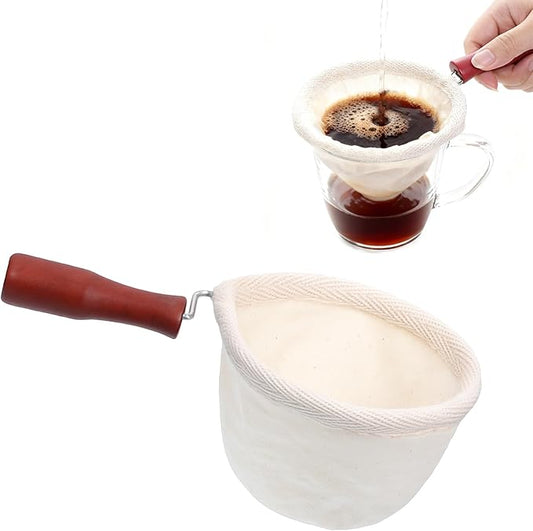 Reusable Cloth Coffee Filter with Wooden Handle Washable Flannel Cloth Coffees Sock Filter More Sense of Ritual Handmade Tea Strainer Clothes Filters Bag for Coffees Lovers Home Office Use