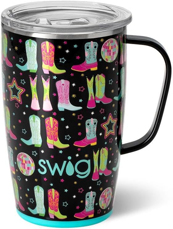 Swig Life 18oz Insulated Travel Mug with Handle & Lid, Disco Cowgirl | Triple Insulated Stainless Steel - Handle & Lid Included - Keeps Coffee Hot or Cold - Cup Holder Friendly by SwigLife