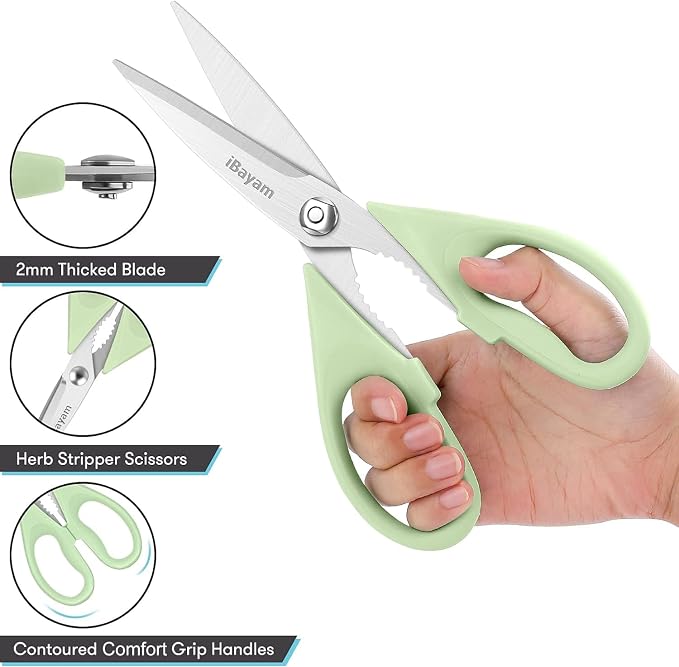 iBayam 8.7" Heavy Duty Kitchen Scissors All Purpose 2-Pack –Pistachio/Blue | Sharp stainless steel blades, cut meat, chicken & vegetables. Ergonomic comfort grip, dishwasher safe, includes blade covers - Image 4