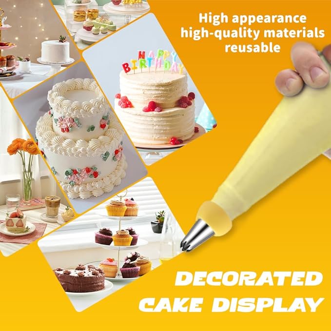 Yellow baking tools set, Yellow gold Cake Turntable kit with 10 Large Piping Tips, 50 Piping Bags&2Ties, 2 Spatulas,3Icing Scrapers,spring sunshine baking kit pastel colors for Cake Decorating