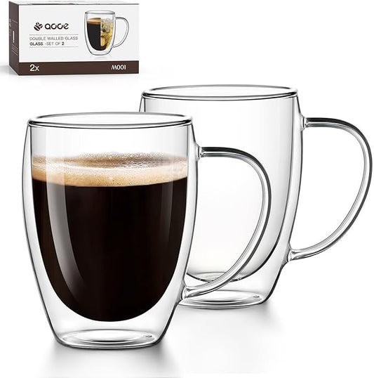 OJA Double Wall Glass Coffee Mugs 12.3oz, Hand Blown Clear Glass Coffee Cups Set of 2, Insulated Tea Mug, Perfect for Espresso, Cappuccino, Latte, American,Tea Bag, Beverage