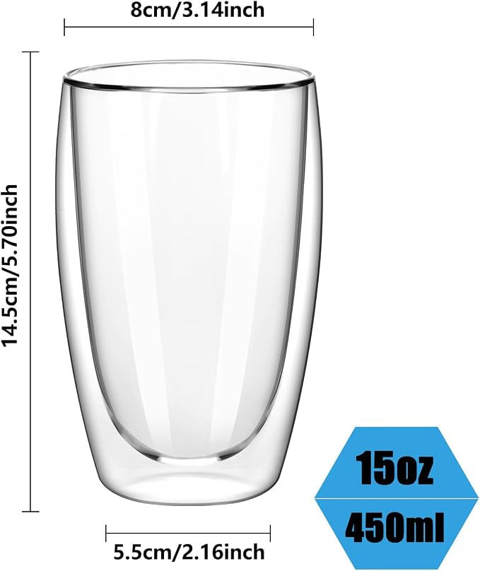 Set of 2 Double Wall Glass Coffee Mugs (15oz) - Insulated Clear Borosilicate Glass Cups for Latte, Cappuccino, Tea, and Espresso - Heat Resistant Glassware Gift for Christmas & Birthday - Image 3