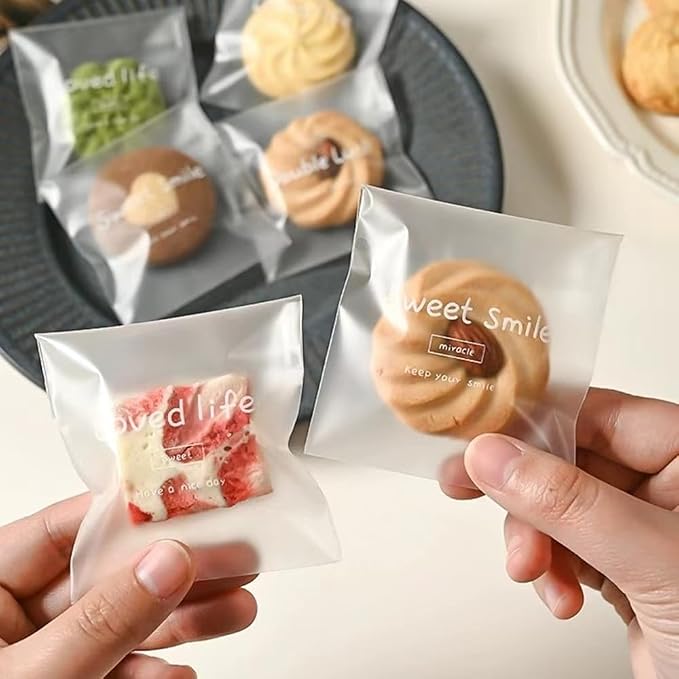 100 Pcs Frosted Semi-Transparent OPP Bags with Cute English Printing, Suitable for Packaging Cookies, Chocolate, Candy, Desserts, Snack Packs, Bread Bags, Self-Adhesive Bags, Gift Bags, Mini OPP Bags (2.8×2.8 in) - Image 2