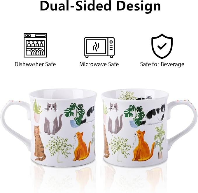 Cute Cats & Plants Coffee Mug - 12 oz Fine New Bone China Coffee Tea Cup with Kitten Design, Cat Mom Gifts for Women, Holiday Gift for Cat Lovers & Friends, Designed in England by Harvest Green Studio - Image 5