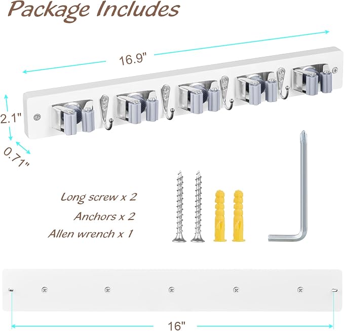 OUTNILI Mop and Broom Holder Wall Mount - White Broom Mop Hanger - Wall Mounted Garden Tool Rack Organizer for Closet Garage Laundry Room Kitchen Decor With 5 Slots & 4 Hooks - Image 6