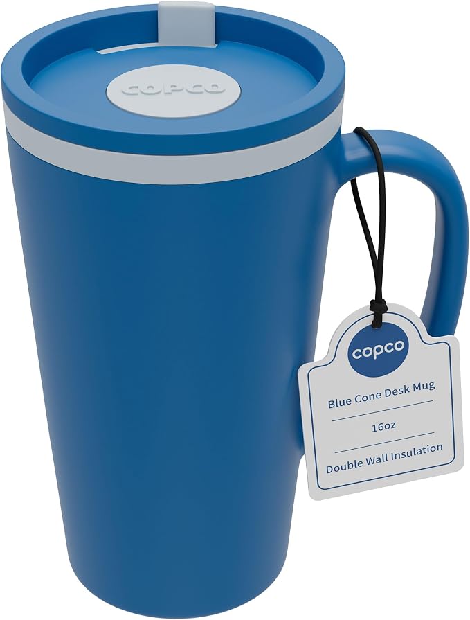 Copco Cone Desk Mugs, 16 Oz - Coral Red & Blue, Set of 2 | Double Wall Insulated Mugs with Twist Lids, Spill Resistant Drinkware with Handles for Home Office, Work, Tea & Beverages - Image 8