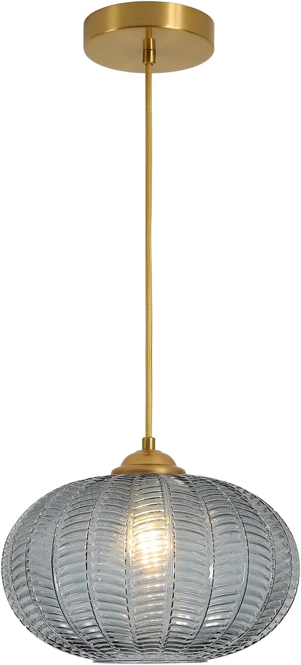 KCO Lighting Large Glass Pendant Lights Kitchen Island Brass Gold Pendant Light Gold Globe Hanging Light Smoked Striped Glass Pendant Light Mid Century Modern Dining Room Light Fixture by KCOLighting