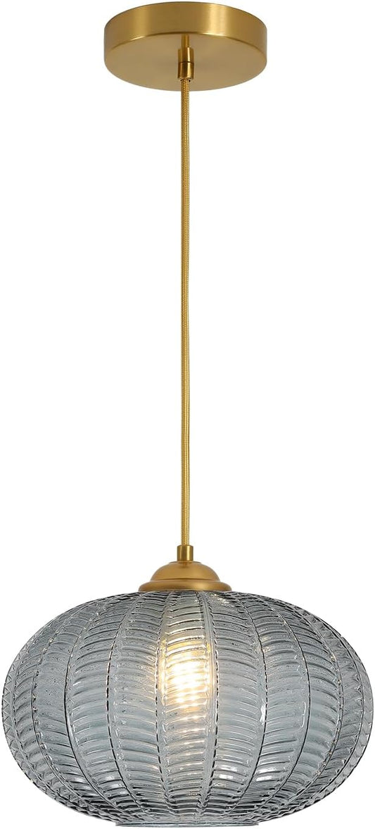 KCO Lighting Large Glass Pendant Lights Kitchen Island Brass Gold Pendant Light Gold Globe Hanging Light Smoked Striped Glass Pendant Light Mid Century Modern Dining Room Light Fixture by KCOLighting
