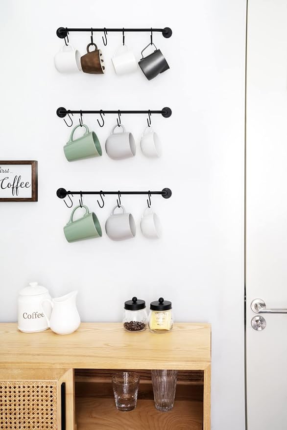 Mkono Mug Holder Wall Mounted Coffee Cup Rack Hanger Modern Metal Wall Rack with 15 Mug Hooks Rustic Utensil Tea Cups Storage Organizer for Kitchen Dining Room Coffee Bar, Set of 3, Black | Kitchen Rod, Space Saving, Easy Assembly, Wall & Under Cabinet... - Image 2