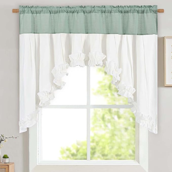 Likiyol Linen Valances for Windows Farmhouse Ruffle Swag Valance Rustic Country Window Valances Light Filtering Kitchen Curtains Rod Pocket Valance Curtains for Bathroom Cafe, Teal White, 60"W x 36"L by Likiyol