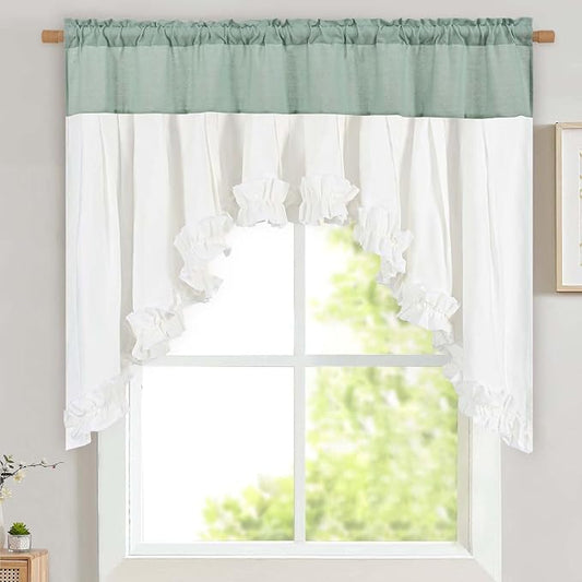 Likiyol Linen Valances for Windows Farmhouse Ruffle Swag Valance Rustic Country Window Valances Light Filtering Kitchen Curtains Rod Pocket Valance Curtains for Bathroom Cafe, Teal White, 60"W x 36"L by Likiyol