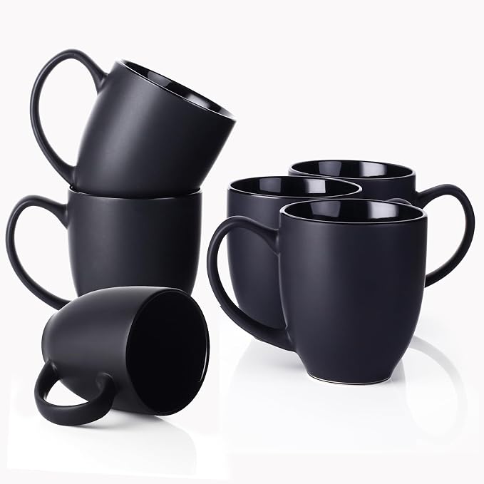 DOWAN Coffee Mugs, Black Coffee Mugs Set of 6, 16 oz Ceramic Coffee Cups with Large Handles for Men Women, Porcelain Big Mug for Tea Latte, Mug Gifts for Home Office Party by DOWAN