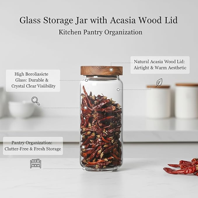 Clear Glass Storage Jar with Natural Acacia Wood Lid for Pantry Organization - Image 4