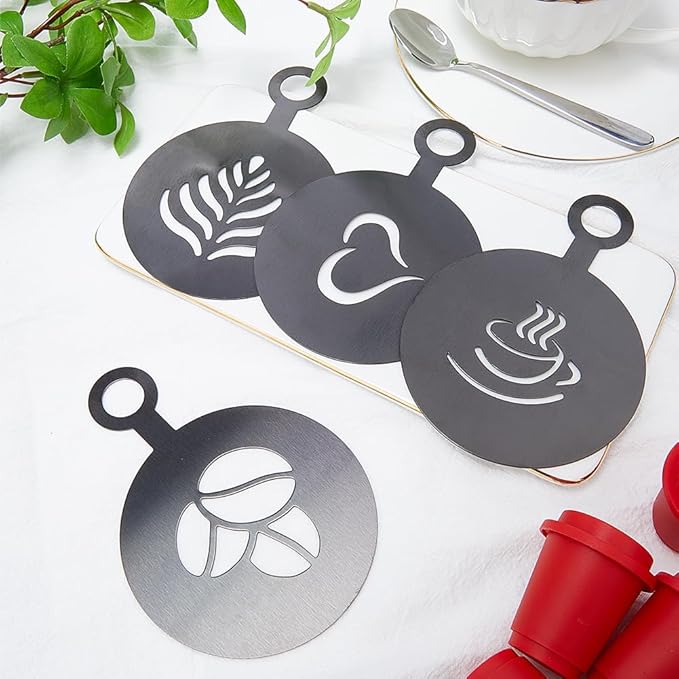 GORGECRAFT 4Pcs Coffee Decorating Stencils Coffee Cup Stencil Template Golden Coffee Latte Art Flat Round with Leaf Heart Cup Pattern Cappuccino Art Templates for Cup Cake Birthday Cake Coffee