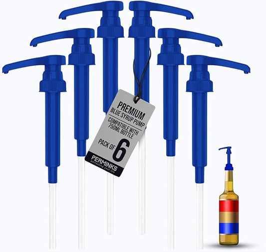 Premium Syrup Pump Compatible with Torani 750 ml Bottle, Davinci Syrups - No Spill, No Clog Syrup Pump Dispenser for Vanilla, Snow Cone, Blueberry, Coffee Flavoring & More (Pack of 6, Blue)