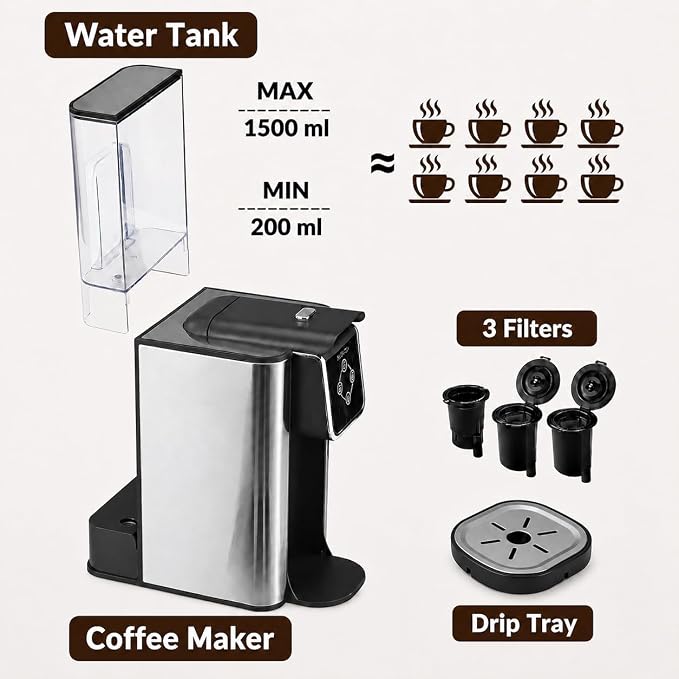 Mecity Coffee Maker 3 in 1 Single Serve Coffee Machine, Compatible with K cup Capsules, Instant Coffee Pot, Tea maker, 6,8,10 Oz Cup, Removable 50 Oz Water Reservoir, 120V 1150W - Image 6