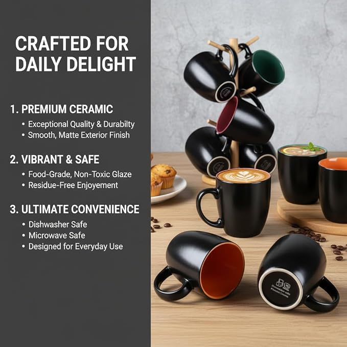 GBhome 12oz Coffee Mugs Set of 6,Ceramic Coffee Mugs for Man, Woman,Restaurant Modern Coffee Mugs Set with handle for Tea/Latte/Cappuccino/Milk/Cocoa. Dishwasher&Microwave Safe,Multi-Color,6 Pack - Image 6