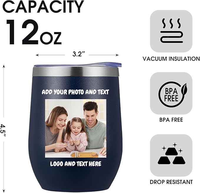 48 Pack Personalized Wine Tumbler,12oz Custom Stainless Steel Coffee Mug,Tumblers with Lids,Customizable with Picture and Names Engraving,Suitable for Woman,Men,Families and Travel