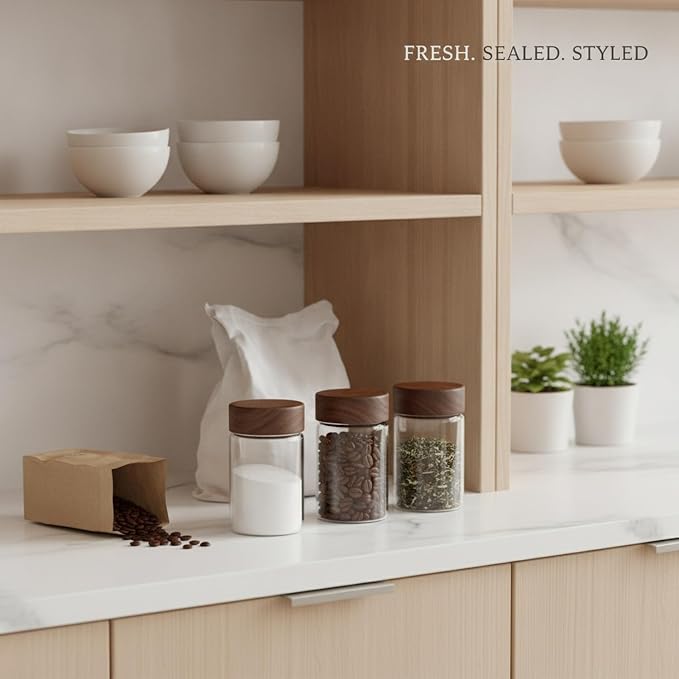 Glass Storage Jar with Acacia Wood Lid, Borosilicate Food Canister for Coffee Beans Tea Sugar Dry Pantry Staples (1 PC) - Image 3