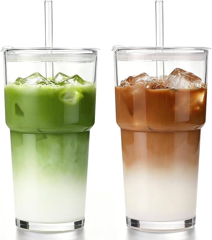 Iced Coffee Cups with Lids 2Pcs: Coffee Bar Accessories - Glass Tumbler with Straw and Lid 20oz - Vintage Glass Cups with Lids and Straws - Tumbler Leak Proof Aesthetic Drinkware for To Go Iced Coffee by DWTSDANWEITESI