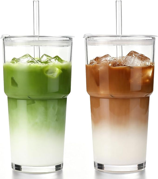 Iced Coffee Cups with Lids 2Pcs: Coffee Bar Accessories - Glass Tumbler with Straw and Lid 20oz - Vintage Glass Cups with Lids and Straws - Tumbler Leak Proof Aesthetic Drinkware for To Go Iced Coffee by DWTSDANWEITESI