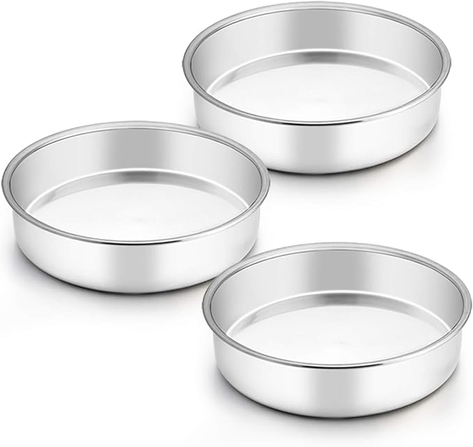 TeamFar 8 Inch Cake Pan, 3 Pcs Round Cake Pan Tier Cake Pan Set | Stainless Steel, for Baking Steaming Serving, Healthy & Heavy Duty, Mirror Finish & Easy Clean, Dishwasher Safe by TeamFar