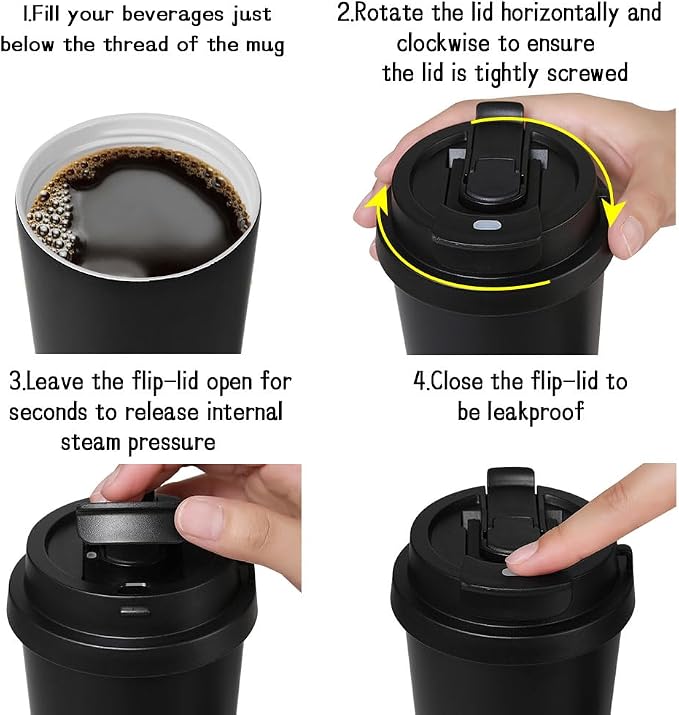 Funkrin Coffee Travel Mug with Flip Lid, 16oz Insulated Tumbler Cup with Ceramic Coating, Double Wall Vacuum Leak-Proof Tumbler for Office School Party Camping - Image 4