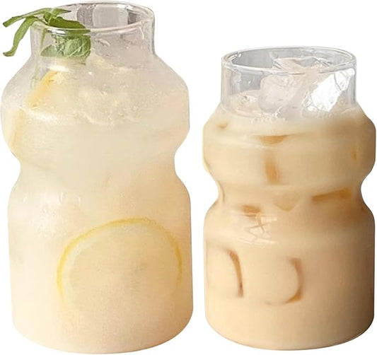 Drinking Glasses 2 Pcs Iced Coffee Glasses 440ML ＆ ML Ripple Shaped Glass Cups, Vintage Tumblers Ribbed Glassware for Water, Soda, Juice, Milk by DAGLLGEW