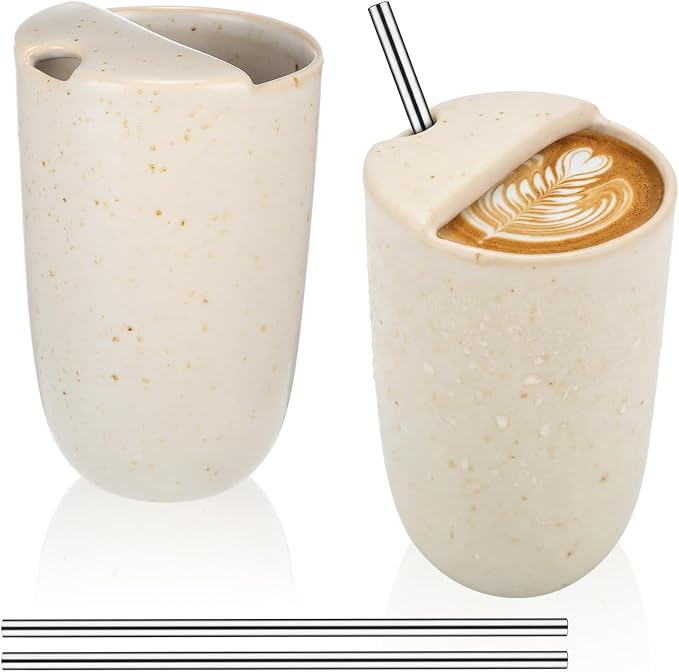 2 Pack Ceramic Coffee Mug with Sip Hole 9.5oz Retro Espresso Cup Travel Mug Hand-painted Porcelain Coffee Tea Cup Novelty for Kitchen Milk Juice Cappuccino Latte (Beige) by Ferrochef