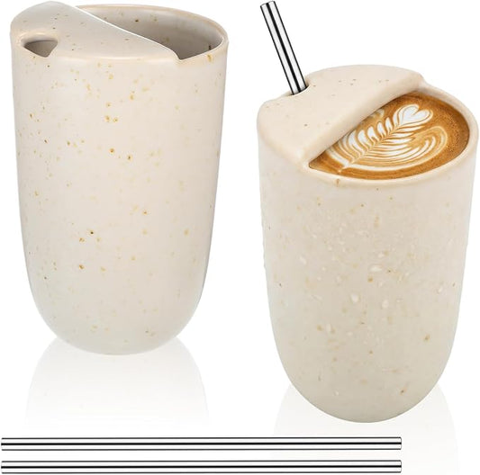 2 Pack Ceramic Coffee Mug with Sip Hole 9.5oz Retro Espresso Cup Travel Mug Hand-painted Porcelain Coffee Tea Cup Novelty for Kitchen Milk Juice Cappuccino Latte (Beige) by Ferrochef