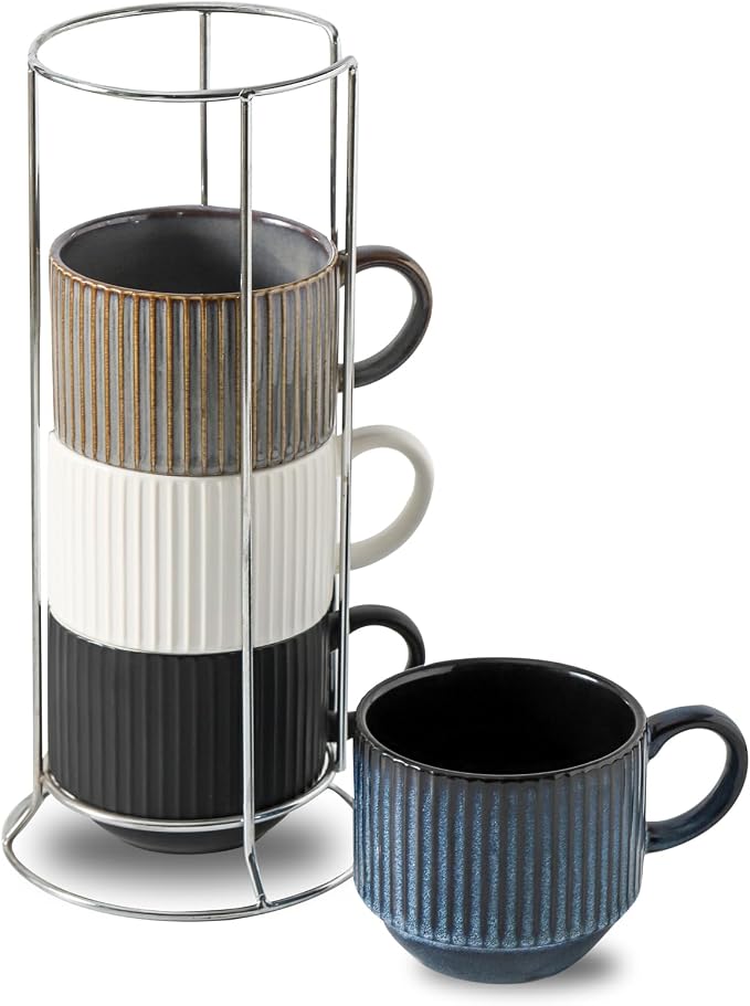 Ceramic Coffee Mugs with Stand,15 Ounce Stackable Coffee Cups Set of 4 for Latte,Cappuccino,Mocha,Cocoa,Ribbed Vintage Coffee Cups for Men Women,Dishwasher & Microwave Safe,Striped Multicolor by Tikooere