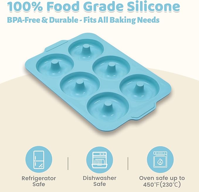 3.5 Inch Nonstick Silicone Donut Pan for Baking with Metal Frame, 1 Pack Donut Molds for Baking, 6 Cavity Doughnut Pan for Oven and Bagel Trays Non Toxic with Handle (Mint Green)