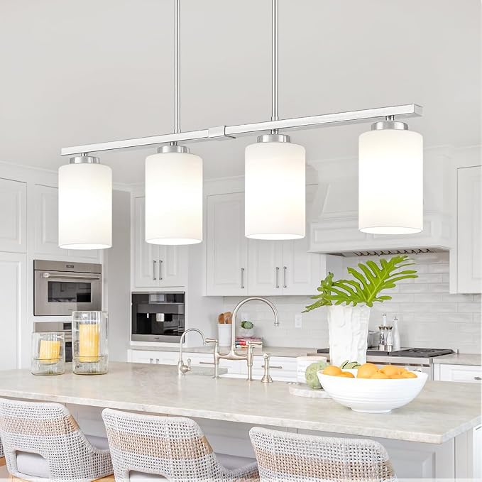 Brushed Nickel Kitchen Island Lighting Modern Dining Room Light Fixtures | 4-Light Linear Chandelier Over Table, 30'' Island Lights for Kitchen White Frosted Glass Shades, Adjustable Height by YUEMZSChandelierforLiving
