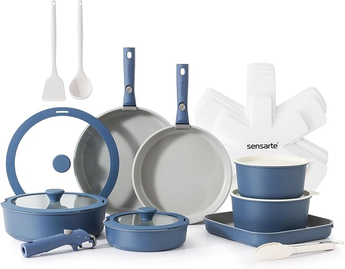 SENSARTE 24 Piece Ceramic Detachable Handle Pots and Pans Set Navy | Ceramic Cookware Set, Induction Cookware Set with Removable Handle, Healthy Non Stick for RV, Dishwasher ＆ Oven Safe by SENSARTE