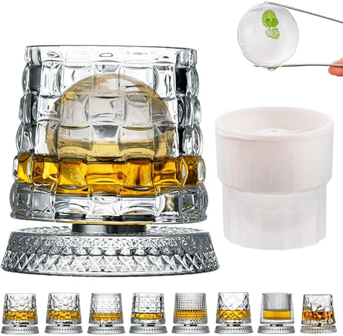 360 Degree Rotating Whiskey Glass Set with Ice Ball Mold, Crystal Clear Bourbon Scotch Glassware for Men, Fun & Novelty Gifts (Pattern 5) by GOWARM