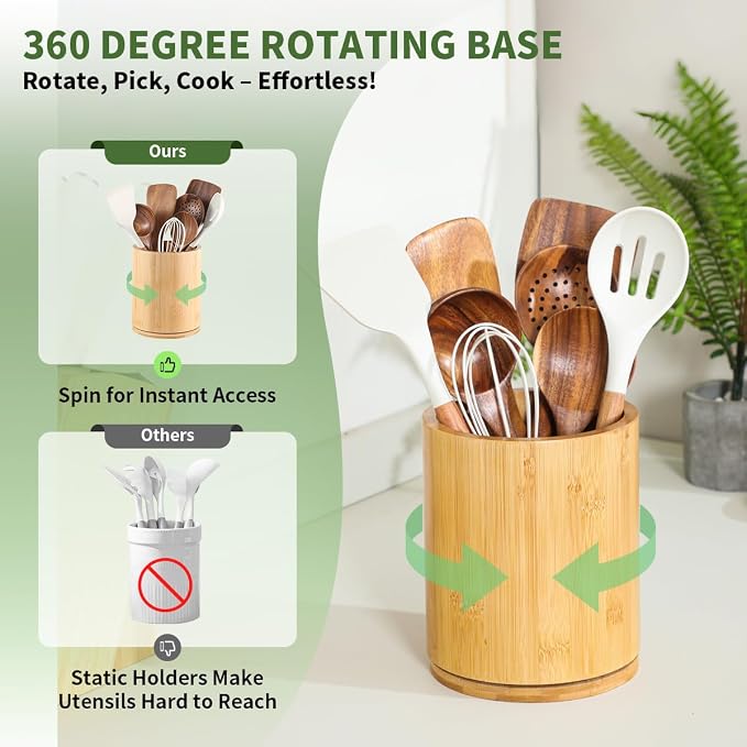 Bamboo Wood Utensil Holder, 360° Rotating 7.3 in Kitchen Organizer | Rustic farmhouse countertop decor. 360° rotating base holds spatulas, ladles, tongs, and cooking tools. Natural bamboo wood. - Image 3
