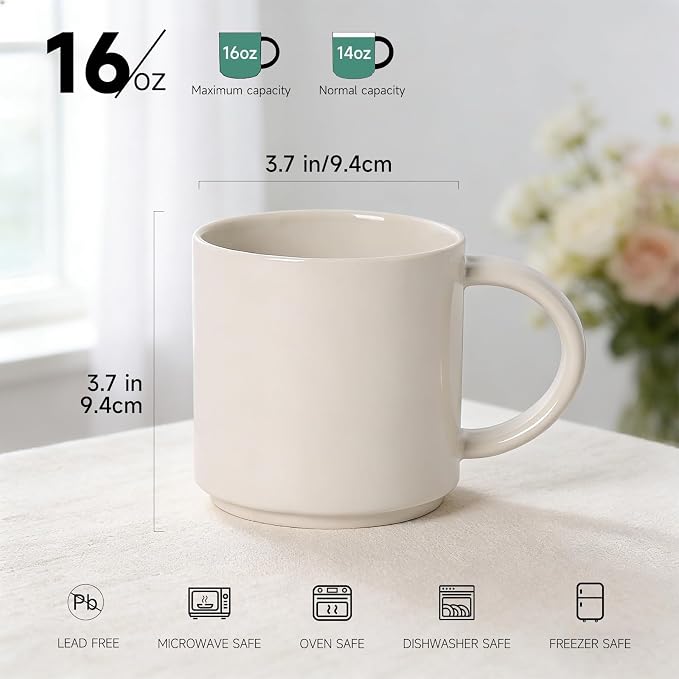 Coffee Mugs Set of 4, Stoneware Coffee Cups with Comfortable Handle, 16oz Ceramic Mugs for Kitchen & Office, Dishwasher & Microwave Safe - Creamy White - Image 2