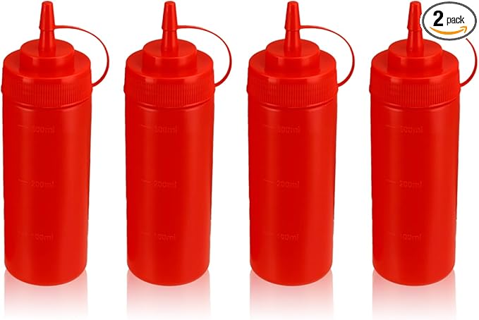 Squeeze Bottles for Sauces,Leak-Proof Condiment Dispenser, BPA-Free Kitchen Restaurant Squeeze Bottle Set with Wide Mouth for Ketchup, Mustard,Syrup,Dressings (Red, 4Pack-12oz(300ml))