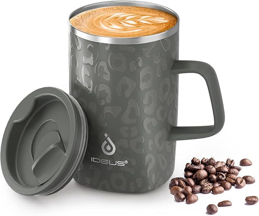 Ideus 16 oz Insulated Stainless Steel Coffee Mug with Lid, Leopard Gray | Perfect for home, office, or daily use| Easy to clean wide mouth| Sweat-proof| On the go by IDEUS