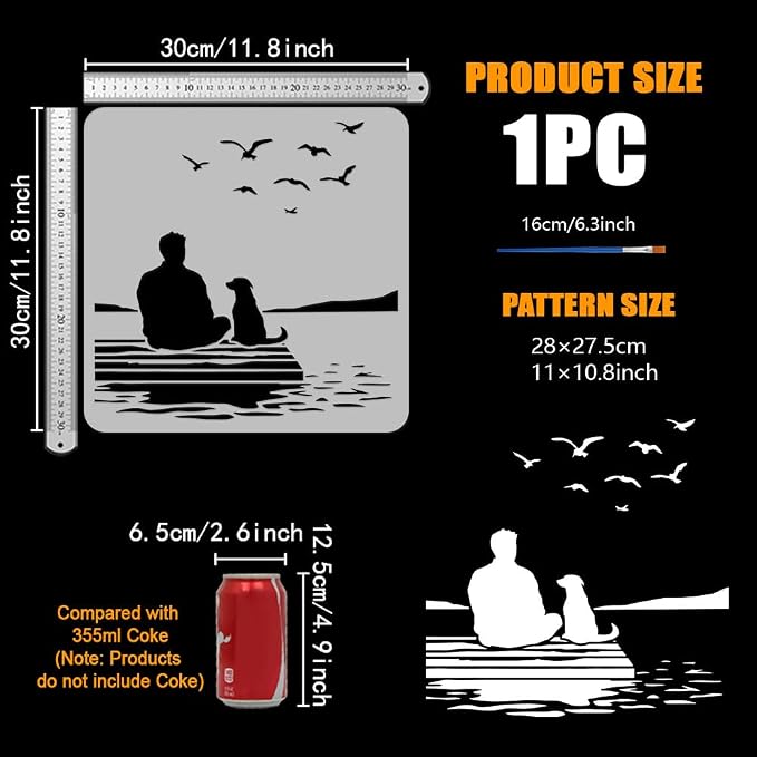 FINGERINSPIRE People and Dogs Stencil with 1Pc Plastic Paint Brush 11.8x11.8inch Reusable Shore Scenery Template Flying Birds Stencil Human Dog Pattern Template for DIY Art Craft Home Wall Decor - Image 2
